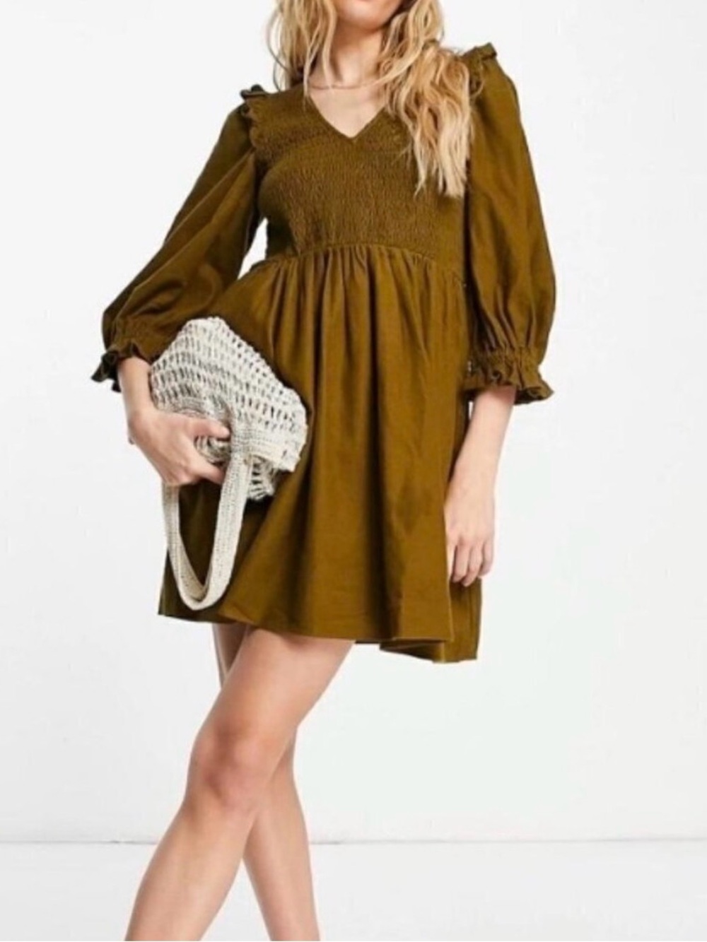 Madewell Flannel Lucie Smocked Mini Dress Weathered Olive Large